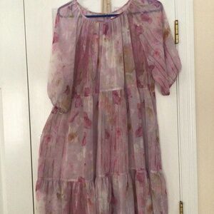 Filmy tiered watercolor print dress with nude slip dress. NWOT.